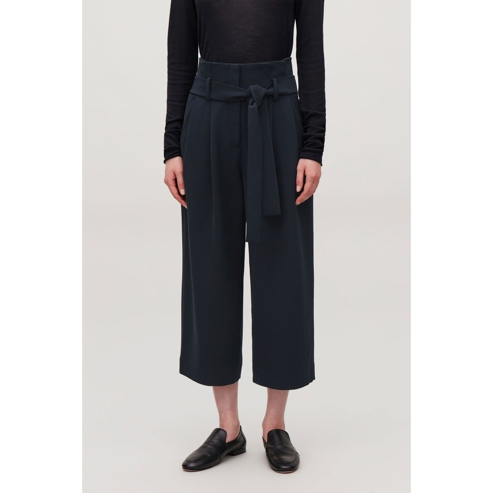 COS Belted Paperbag Wide Leg Cropped Trouser Culottes Navy Blue Womens 6